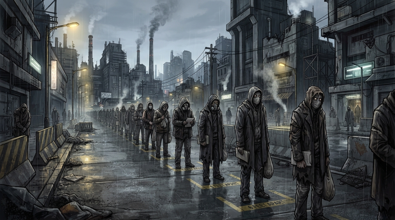 dystopian scene of mask wearing, socially distanced, mentally broken people queuing up for something.